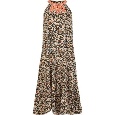 Girls brown animal print maxi dress