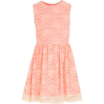 Girls orange fluro cream lace skater dress