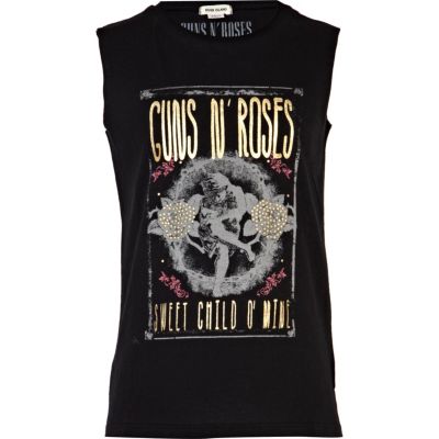 Girls black Guns n Roses foil print tank top