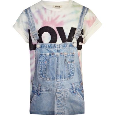 Girls blue love dungaree print t-shirt