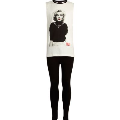 Girls white icon print tank and leggings set