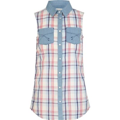 Girls blue sleeveless check shirt