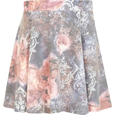 Girls purple floral print skater skirt