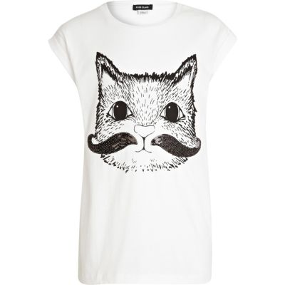 Girls white sequin moustache cat t-shirt