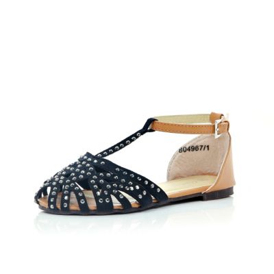 Girls black diamante T bar sandals