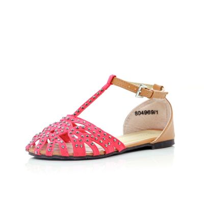 Girls red diamante T bar sandals