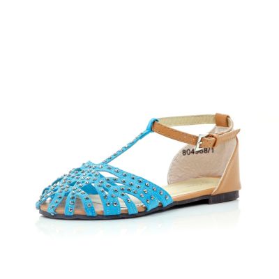 Girls blue diamante T bar sandals
