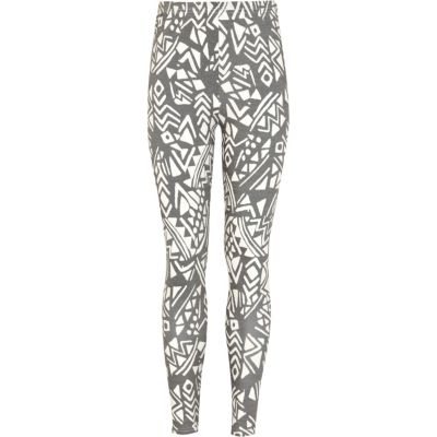 Girls black aztec print denim look leggings