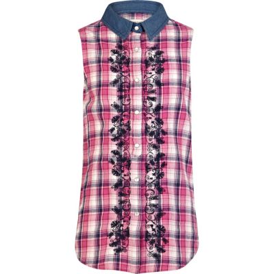 Girls pink check sleeveless embroidered shirt