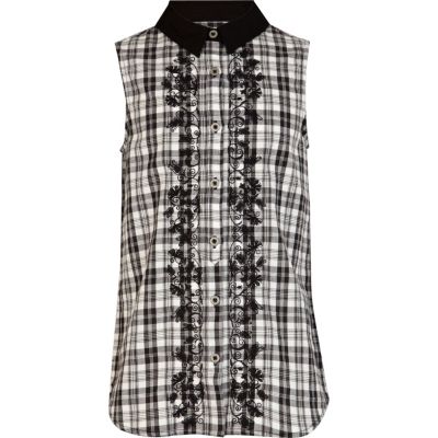 Girls black check embroidered shirt