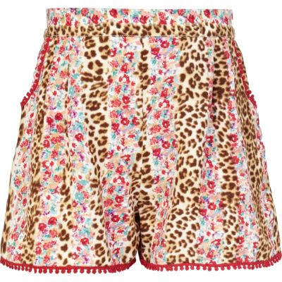 Girls brown leopard and floral shorts