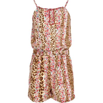 Girls brown leopard floral and print playsuit