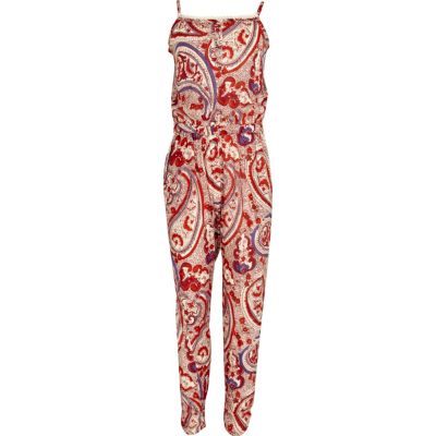 Girls red paisley jumpsuit
