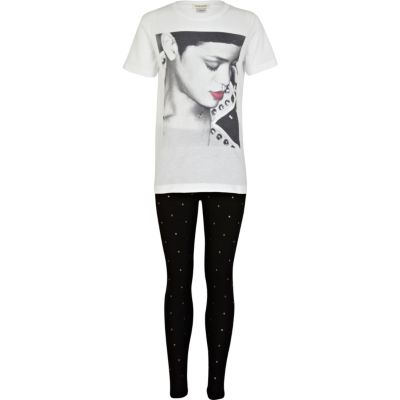 Girls white Rihanna t-shirt and leggings set
