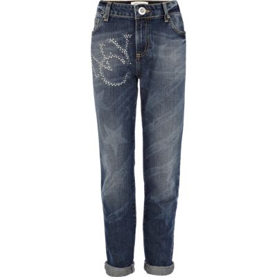Girls mid wash NYC stud boyfriend jeans