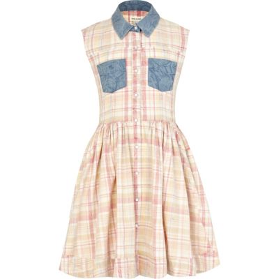 Girls beige acid wash check shirt dress