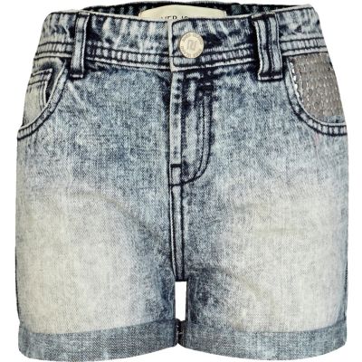 Girls blue acid wash studded denim shorts