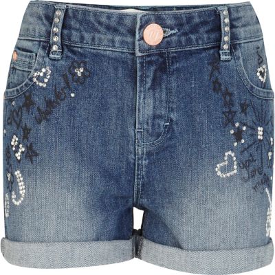 Girls blue graffiti embellished denim shorts