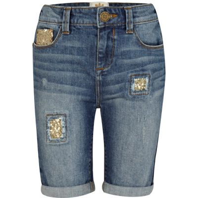 Girls blue sequin patch denim shorts