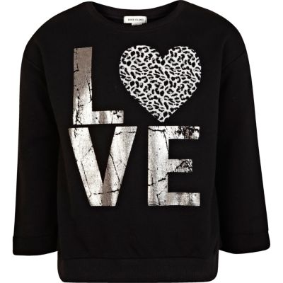 Girls black love heart sweat top