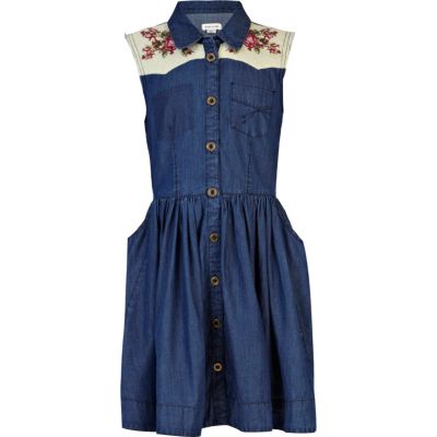 Girls blue mid wash shirt embroidered dress