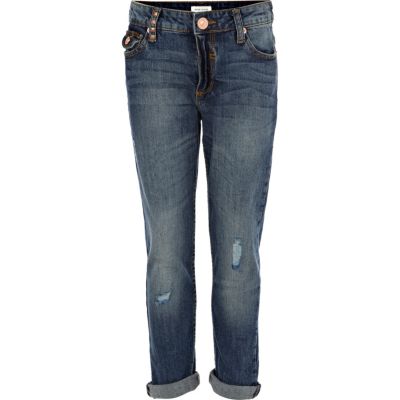 Girls blue mid wash boyfriend jeans