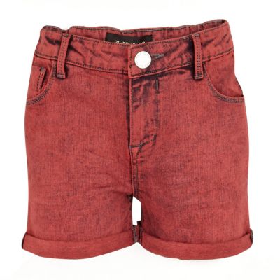 Girls red acid wash denim shorts