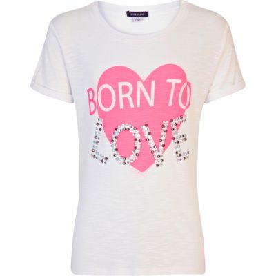 Girls white born to love studded t-shirt