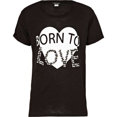 Girls black born to love studded t-shirt