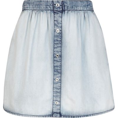 Girls blue acid wash denim skirt