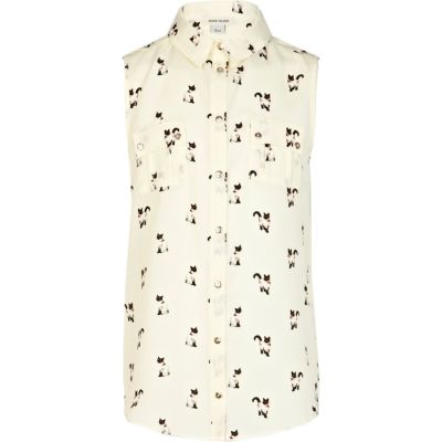 Girls cream cat print sleeveless shirt