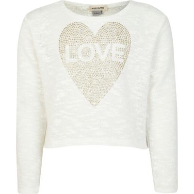 Girls white studded love crop top