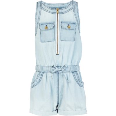 Girls blue light wash denim playsuit