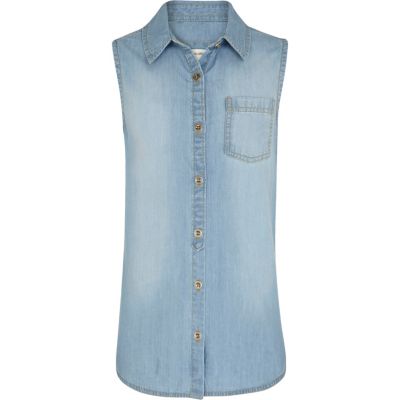 Girls blue light wash sleeveless denim shirt