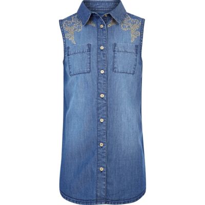 Girls blue studded sleeveless denim shirt