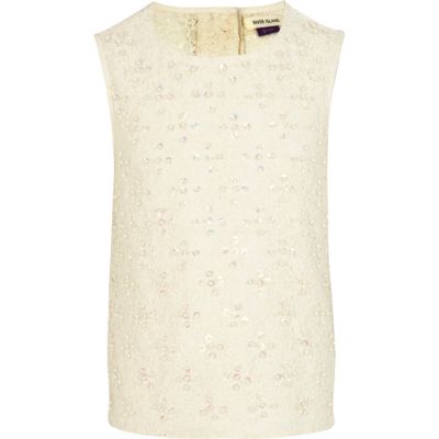 Girls cream embellished lace top
