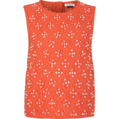 Girls red embellished lace top