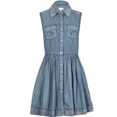 Girls blue ticking stripe denim shirt dress