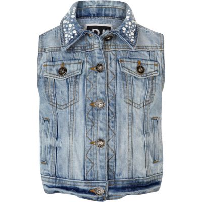Girls light denim embellished collar gilet