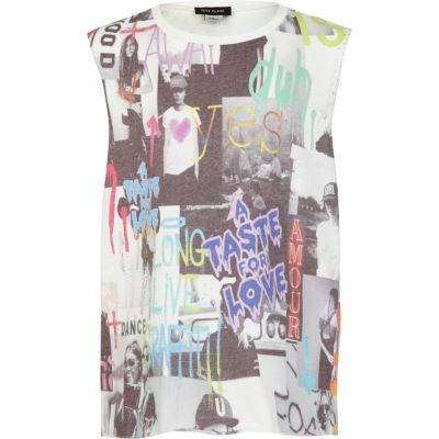 Girls cream multi face slogan tank top