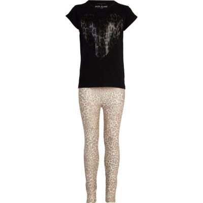 Girls black leopard t-shirt and leggings set