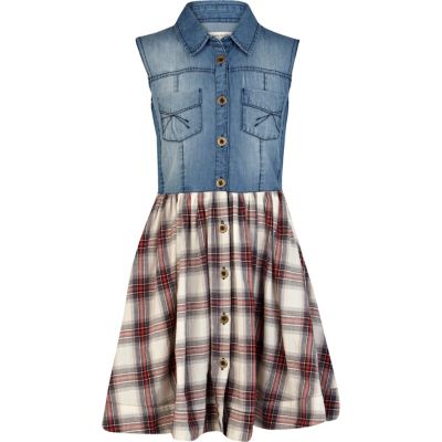 Girls blue denim and check shirt dress