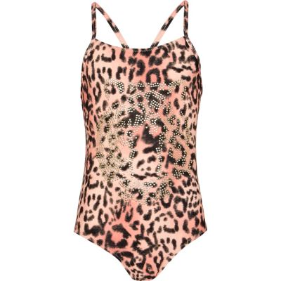 Girls coral studded leopard print swimsuit