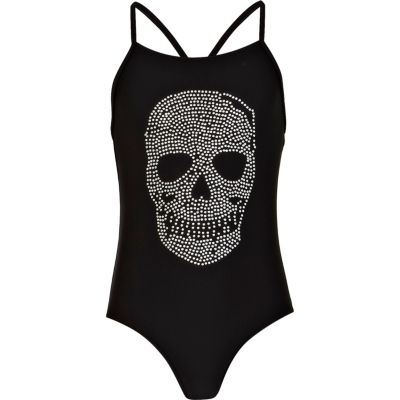 Girls black studded skull swimsuit