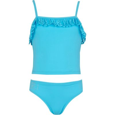 Girls turquoise laser cut frill tankini 