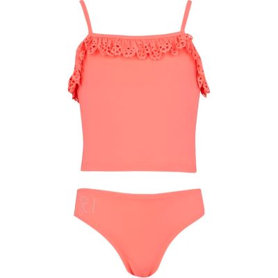Girls coral laser cut frill tankini 