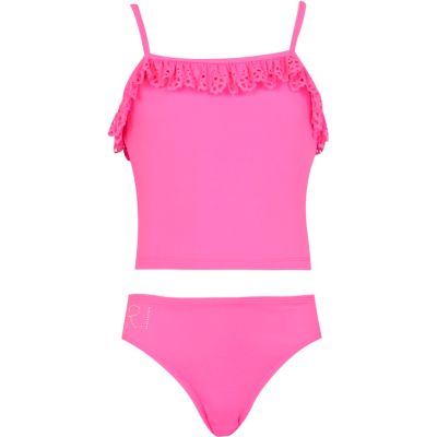 Girls pink laser cut frill tankini 