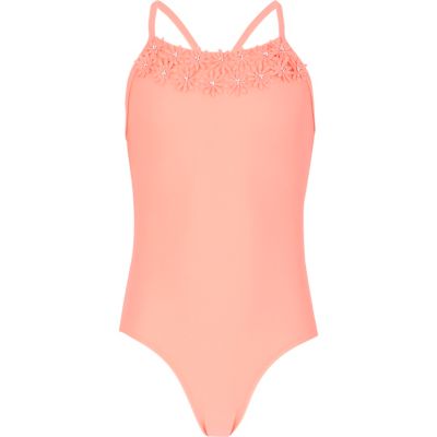 Girls bright coral 3D flower swimsuit