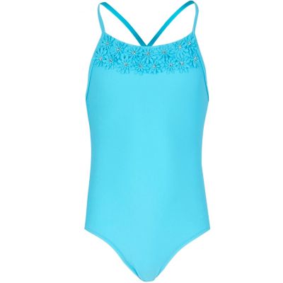 Girls aqua coral 3D flower swimsuit