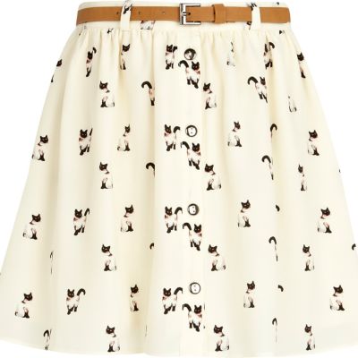 Girls cream cat print belted skirt